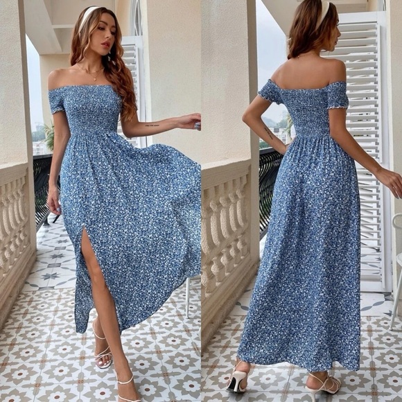 Boho floral print off the shoulder shirred double slit maxi dress burgundy red - Picture 2 of 3